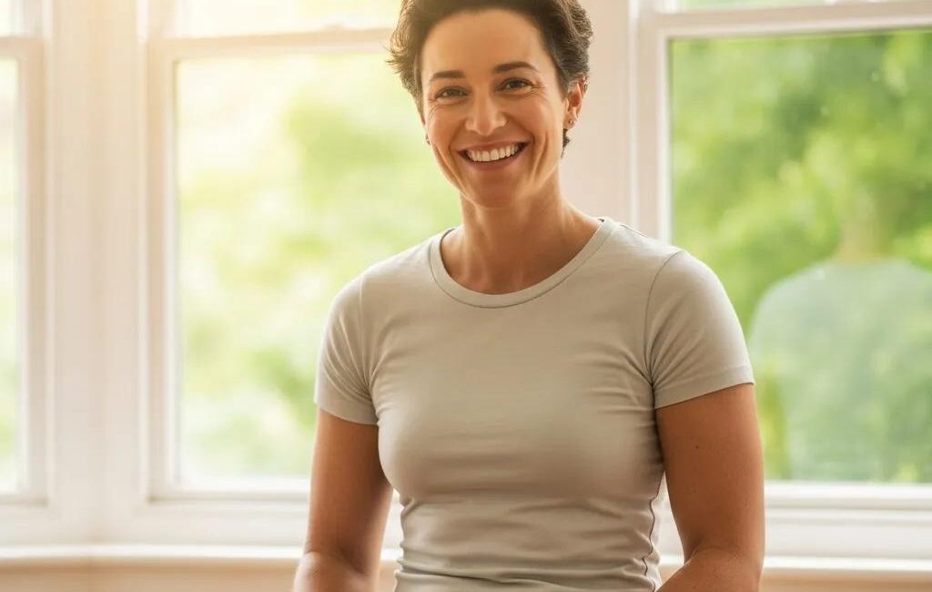 Confident individual post-liposuction in a bright environment, showcasing successful body contouring.