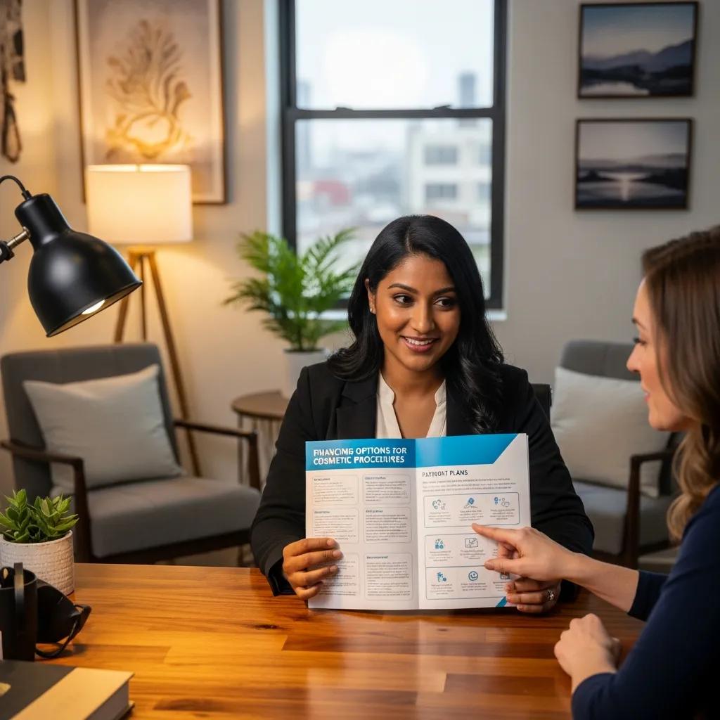 Financial advisor explaining financing options for cosmetic procedures to a patient in a cozy office setting, featuring a brochure titled "Financing Options for Cosmetic Procedures."