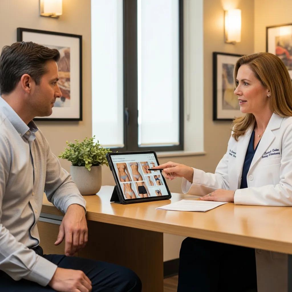 Patient consulting with a plastic surgeon about liposuction options and pricing in a modern medical office, reviewing before-and-after images on a tablet.
